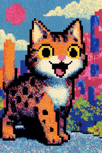 Retro Pixel Surrealism style reference image — vibrant neon palette