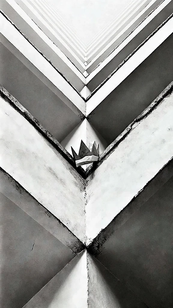 low-angle shot looking up at a folded paper crown perched at the vertex of a sharp v-shaped concrete ledge, brutalist high-contrast monochrome, harsh overhead light creating deep obsidian shadows and blown-out white highlights, extreme geometric symmetry, coarse silver gelatin film grain, weathered matte paper texture, minimalist avant-garde composition, sharp leading lines, deep tonal range, 1960s architectural abstraction, stark graphic sensibility.