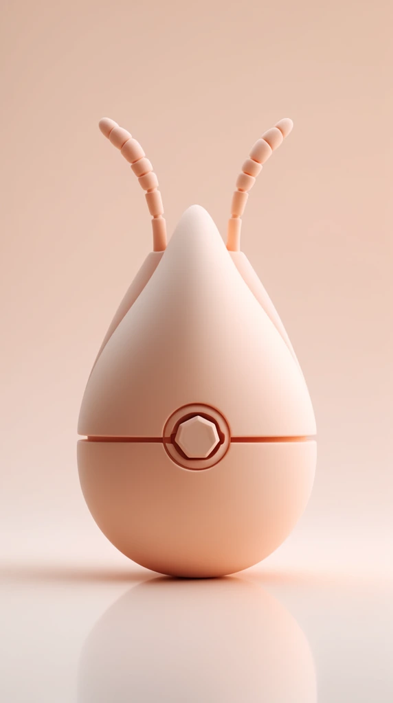 matte 3D teardrop capsule, monochromatic soft peach palette, segmented insectoid antennae, smooth curved crest, horizontal mechanical seam, hexagonal center lock, seamless studio backdrop, soft diffuse lighting, floor reflection, minimalist pristine rendering