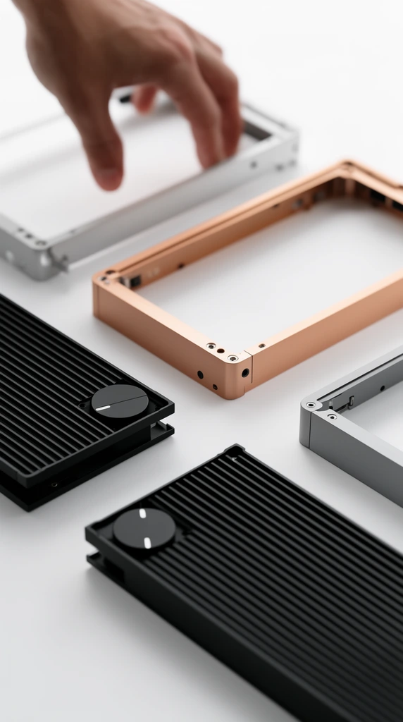 Blurred human hand reaching for disassembled electronic components, rectangular metal frames in silver copper and grey, black corrugated faceplates with corner dials, diagonal arrangement on white surface, minimalist product photography, shallow depth of field, sleek industrial design