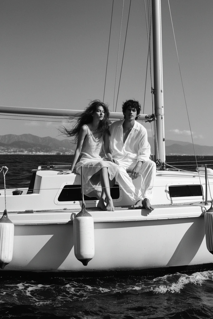 barefoot couple sitting on a white sailboat, high contrast black and white photography, woman with windblown hair in a light sleeveless dress, man in a loose white shirt and pants, metal mast and rigging wires, cylindrical fenders hanging from the hull, dark ocean wake in foreground, distant coastal mountains, clear sky, bright natural sunlight, cinematic fashion editorial style