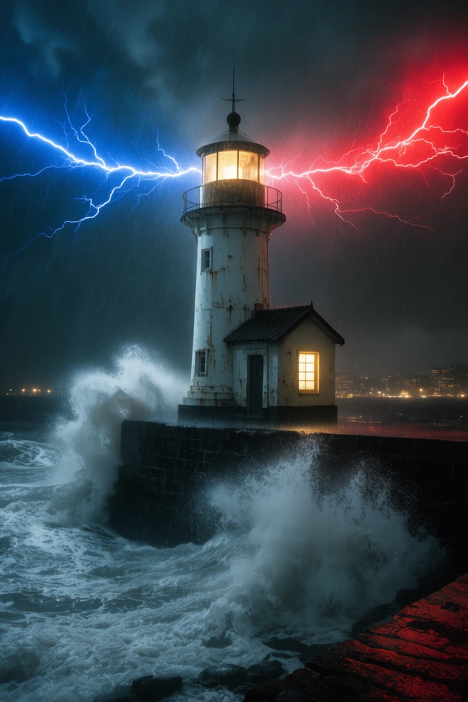 A weathered white lighthouse on a dark stone pier withstands a fierce storm with massive crashing ocean waves and heavy rain. Warm yellow light emanates from the lantern room and an attached building's window. Horizontally splitting the dark sky, an electric blue lightning bolt strikes the lantern's left side, while a vibrant red lightning bolt strikes the right. Distant city lights dot the dark horizon. The composition features high-contrast cinematic lighting and surreal atmospheric weather.