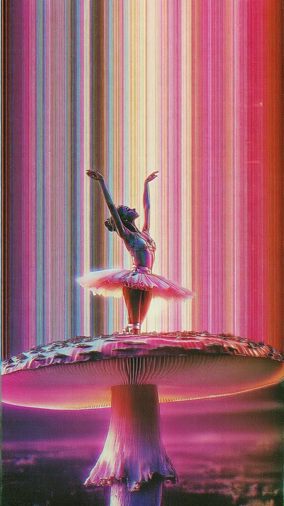surrealist vertical slit-scan composition, delicate ballerina with arms raised emerging from a textured mushroom cap, vibrant vaporwave color palette of neon pink, electric magenta and deep violet, bottom third rendered in a grainy vintage cinematic style, top two-thirds dissolving into infinite vertical pixel-stretched stripes mirroring the subject's hues, ethereal bioluminescent glow, retro-futuristic glitch art aesthetic, low-angle perspective, filmic grain, atmospheric haze.