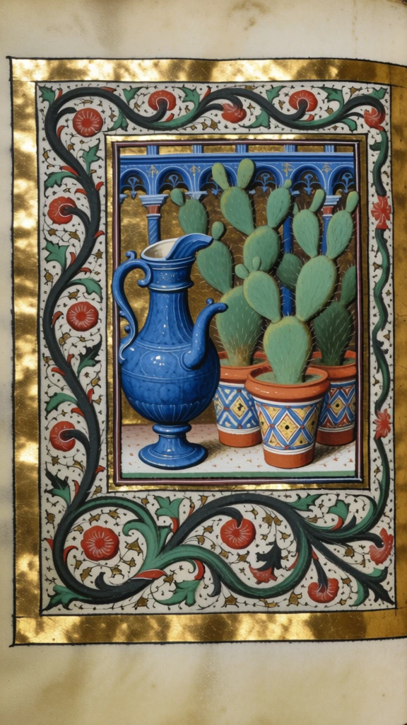 14th-century gothic manuscript illumination in the codex manesse style, potted prickly pear cacti and a flat ceramic pitcher on a table rendered as a blue decorative arcade, heavy black ink-work outlines, saturated tempera washes of vermilion and ultramarine, stylized botanical rinceau with red rosettes on undulating green vines, flat two-dimensional perspective, aged vellum parchment texture with faint ghosting of gothic blackletter script, flaking paint artifacts, minimal tonal modeling.