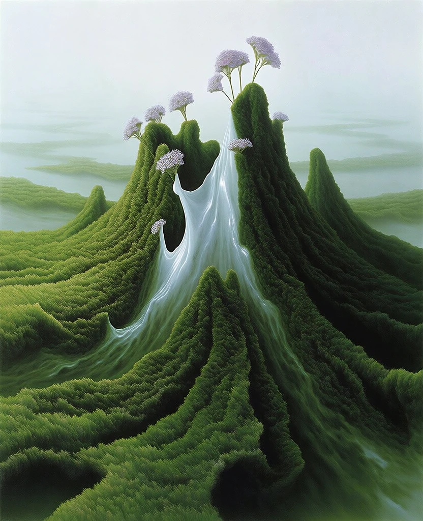 surrealist macro of viscous fluids erupting from a central point, textures mimicking dense velvety moss and deep verdant green ridges, streaks of ethereal pearlescent white liquid flowing like gossamer fabric, tiny clusters of pale lavender wildflowers, soft diffused atmospheric lighting, hazy misty background, hyper-realistic materiality, lush verdant color palette, minimalist composition, elegant and ethereal aesthetic, sharp focus on organic textures