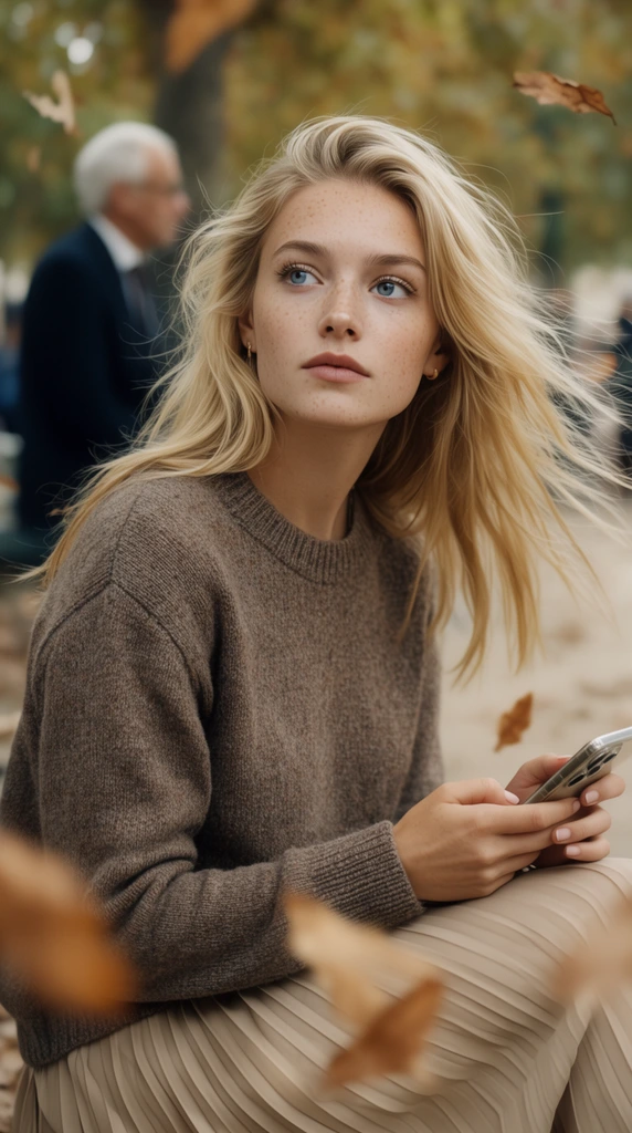 young woman with windswept blonde hair and light freckles, striking blue eyes, wearing a brown knit crewneck sweater and beige pleated skirt, holding a smartphone in her hands on her lap, looking off-camera, seated in a park, cinematic shallow depth of field, out-of-focus falling brown autumn leaves in the extreme foreground, soft natural daylight, muted autumnal color palette, blurred background showing an older man in a dark suit, soft bokeh, high-resolution portrait photography