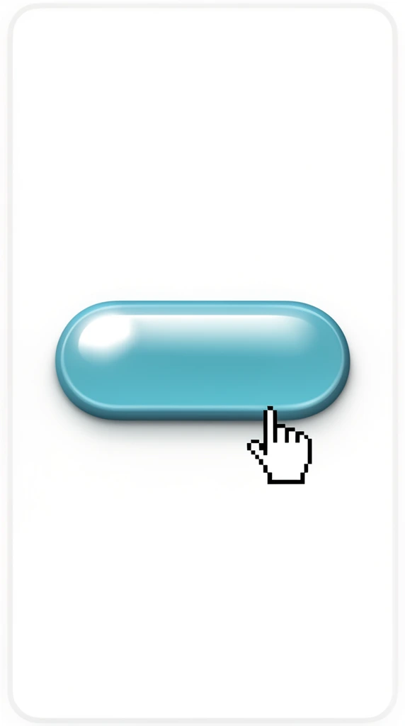 A glossy aqua-blue pill-shaped button with a bright white reflective highlight centered on a solid white background. A pixelated black-and-white pointing hand computer cursor hovers just below the bottom edge. A faint light gray rounded frame encloses the minimalist, early 2000s skeuomorphic digital composition.