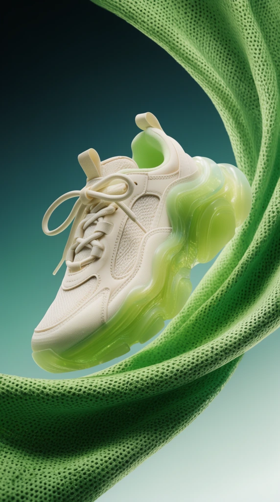 floating chunky athletic sneaker, cream textile upper, translucent lime green sculpted sole, sweeping ribbon of porous green mesh fabric wrapping around the shoe, dark teal to light mint gradient background, dynamic mid-air composition, studio lighting, macro product photography