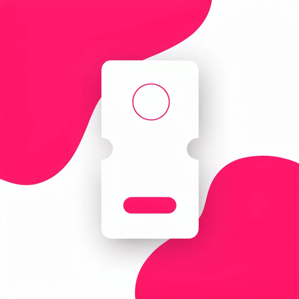 A crisp graphic design composition centered on a hovering bright white rectangular card with soft rounded corners and a subtle drop shadow. The card is styled like a modern minimalist ticket, featuring small semicircular cutouts midway down its left and right edges. It rests against a stark white background accented by two massive, fluid, bright magenta-pink organic shapes flowing organically from the top-left and bottom-right corners. The floating ticket contains simple bright pink geometric accents, including a delicate circular motif near the top and a smooth pill-like shape near the bottom. The overall visual aesthetic is flat and contemporary, utilizing sharp contrast between the vibrant pink elements and pristine white negative space to create a perfectly balanced, modern layout.