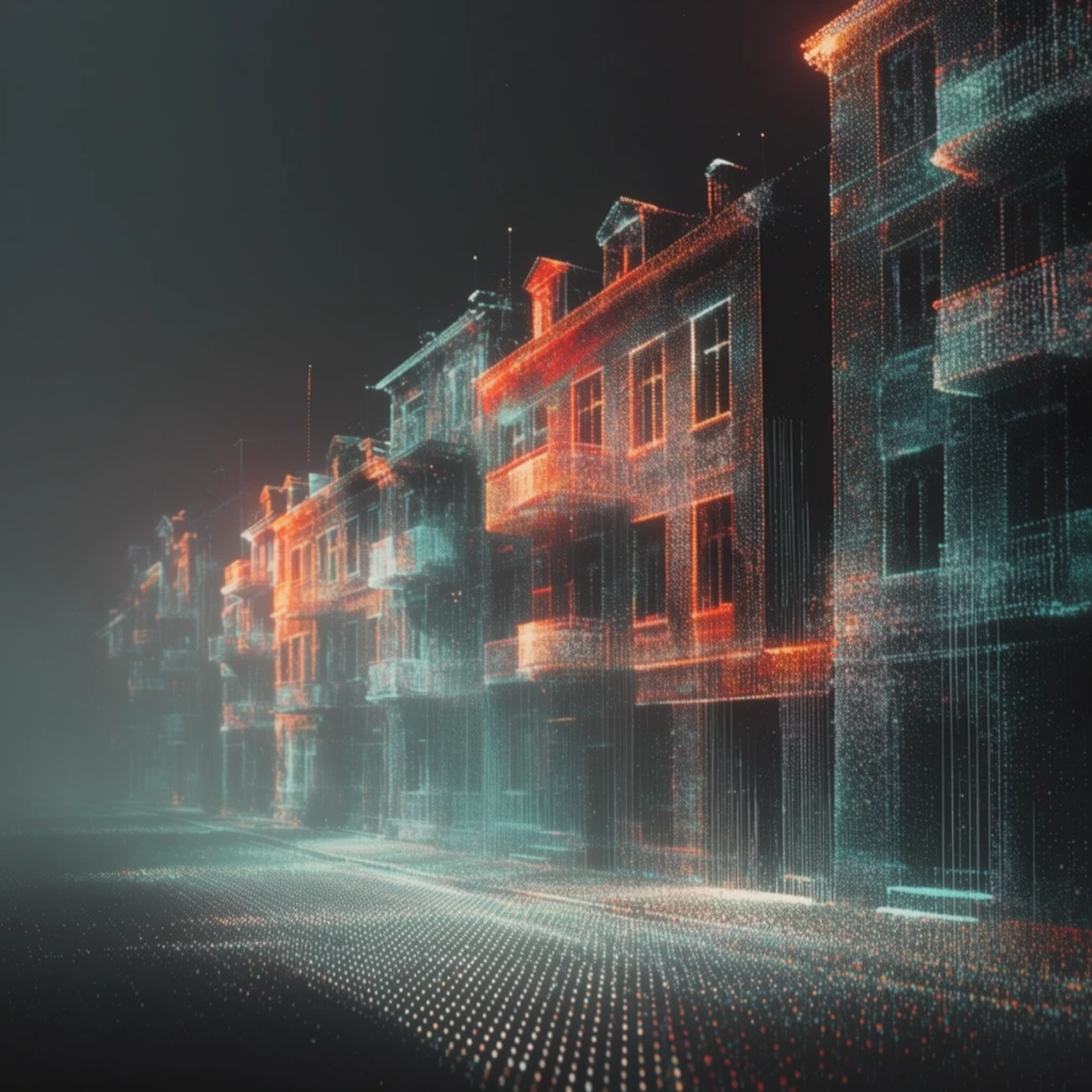 A row of apartment buildings on a city street constructed entirely as a luminous spatial point cloud. The architectural structures emerge from a deep, atmospheric charcoal darkness through thousands of suspended, glowing cyan and teal digital particles, sharply accented by intense, warm orange and red light clusters outlining the building facades. The geometric forms of the apartment windows, balconies, and rooftops materialize through varying densities of these floating luminous dots, creating a semi-transparent, holographic LiDAR scan aesthetic. The street surface below extends into a hazy vanishing point, rendered as a matrix of organized light points reflecting a volumetric, misty ambient glow. Vertical linear interference and a rasterized, voxelated texture permeate the urban landscape, creating a stark contrast between the dense, brilliant point-source illuminations and the heavy, consuming shadows of the deep background.