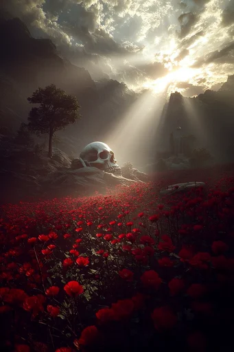 Crimson Mystic Surrealism style reference image — volumetric lighting