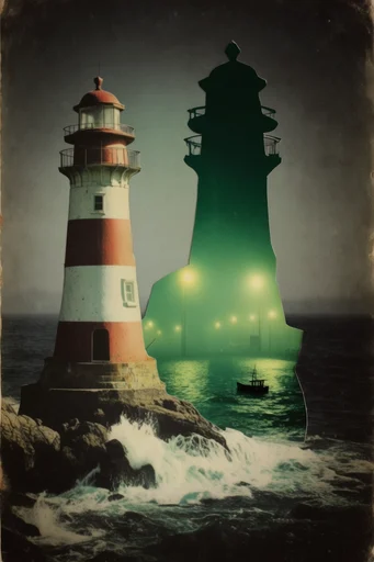 Nostalgic Surrealist Collage style reference image — halftone grain