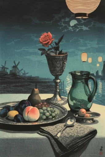 Nocturnal Woodblock Noir style reference image — nocturnal indigo and crimson palette