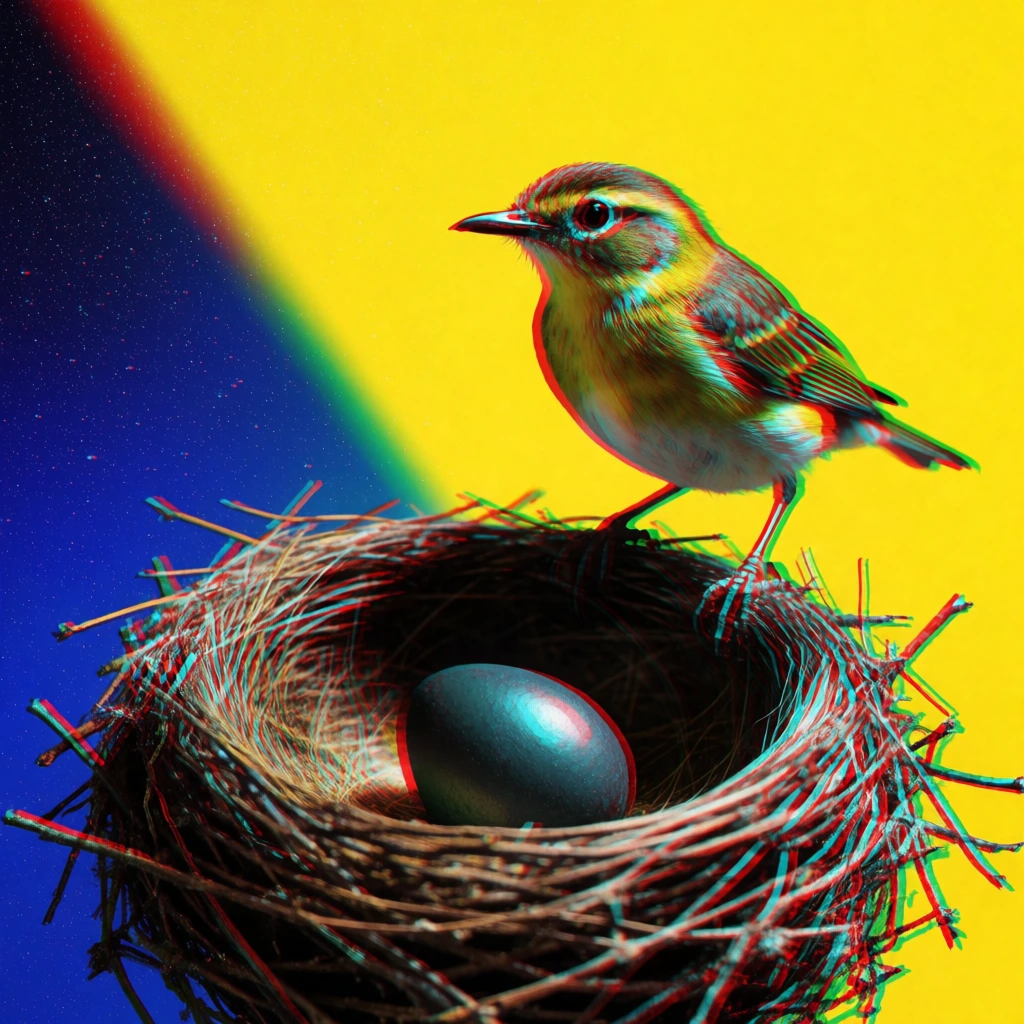 small songbird perched on a woven twig nest containing a single smooth dark egg, heavy red and cyan anaglyph 3D effect, chromatic aberration, striking diagonal split background of starry blue and solid bright yellow, vibrant surreal digital art, high contrast