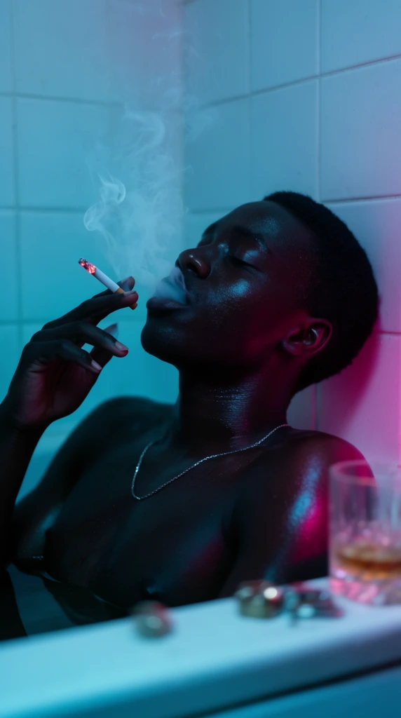 A dark-skinned person relaxes in a bathtub while exhaling a plume of smoke under dramatic neon lighting. The shirtless subject leans back against white square tiles with eyes closed and head tilted upward. Glistening skin reflects vibrant dual-tone illumination, featuring a dominant cool cyan wash across the left side and a stark magenta rim light on the right shoulder. They hold a lit cigarette, its glowing red ember contrasting with the swirling smoke. Cinematic portrait photography utilizes a shallow depth of field, keeping the subject's sharp facial features and thin silver chain necklace in focus while blurring a rocks glass and small metallic objects resting on the bathtub ledge in the immediate foreground.