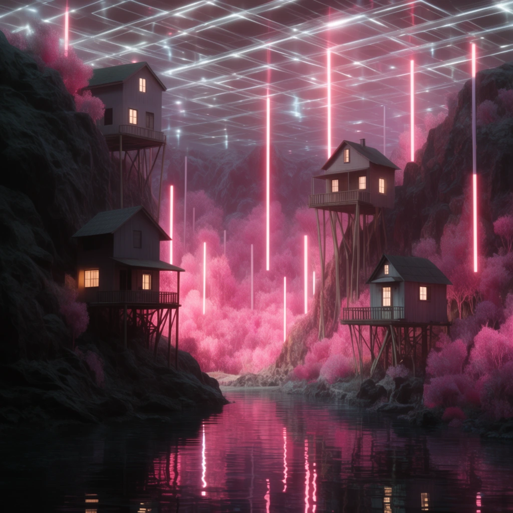 surreal underground landscape, stilt houses on dark cliffs, glowing windows, pink luminescent forest, vertical neon rods, glowing grid ceiling, reflective dark water, 3D render