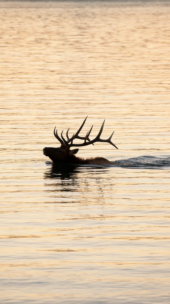 A bull elk swims across a body of water, its head and large antlers visible above the surface in dark silhouette. The animal's nose is pointed slightly upward, creating a small ripple ahead, while its body creates a trailing wake behind. The water dominates the frame, displaying horizontal ripples that catch the warm, golden light of either sunrise or sunset. The light reflects off the water in bands of pale yellow, peach, and soft gray. The composition centers the elk horizontally, placing it slightly below the vertical midline. The background is entirely filled with the textured surface of the water, extending to the top edge without a visible horizon line.