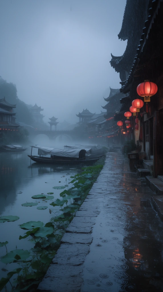 A misty, rain-swept traditional East Asian riverside town featuring a wet stone walkway lined with dark tiled buildings and glowing red paper lanterns. A calm river holds moored covered wooden boats and lily pads. Thick fog obscures distant arched bridges and pagodas under an overcast gray sky. Visible raindrops create ripples across the puddles, emphasizing a moody cool blue-gray palette contrasted by warm lantern light.