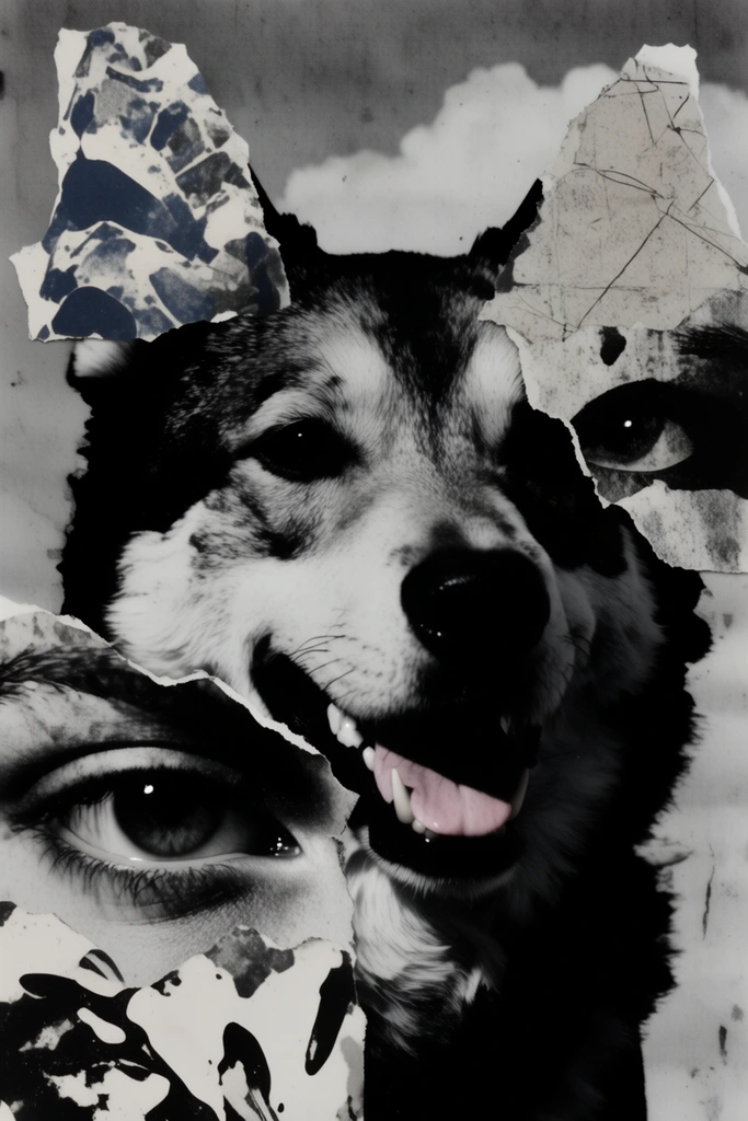 Fragmented Monochrome Collage style AI image example 3