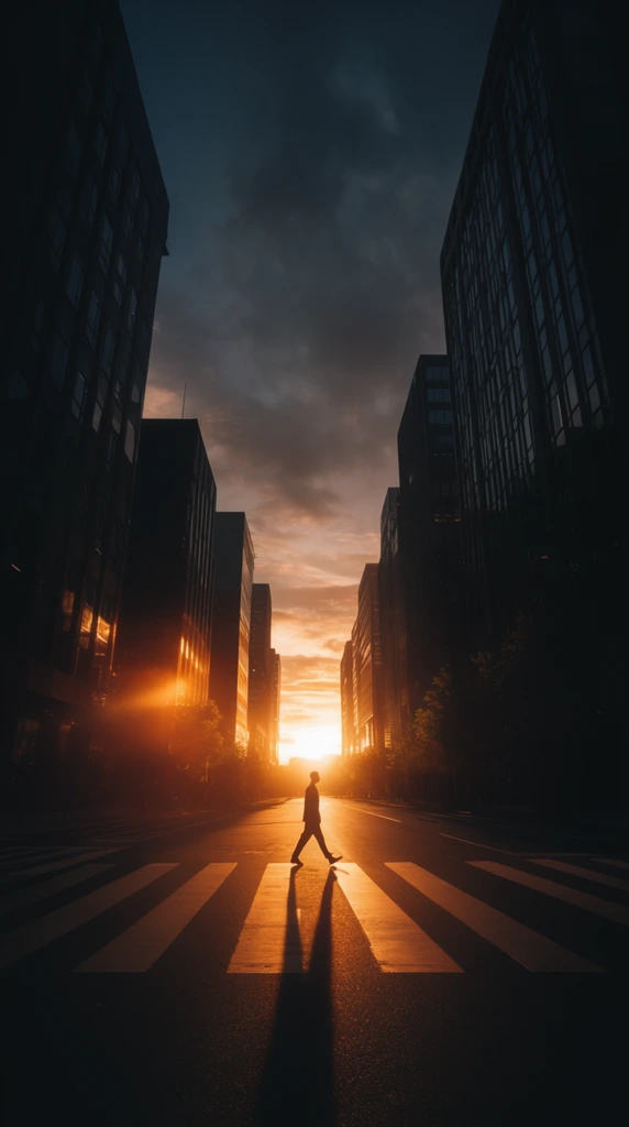A lone silhouetted figure strides across a brightly illuminated crosswalk in a deep urban canyon at sunset. Dramatic one-point perspective frames the scene with towering, dark modern office buildings converging toward a brilliant sun resting exactly on the horizon line. Radiant golden light spills down the empty asphalt street, catching the painted crosswalk stripes and casting the pedestrian's elongated shadow directly toward the foreground. An intense glowing lens flare bleeds into the lower architectural facades, highlighting faintly silhouetted trees lining the distant sidewalks. The vast sky transitions from luminous fiery orange near the horizon to a moody, clouded dark blue-gray above. High-contrast photography emphasizes the sheer scale of the deep architectural shadows against the piercing, warm glow of the golden hour light.