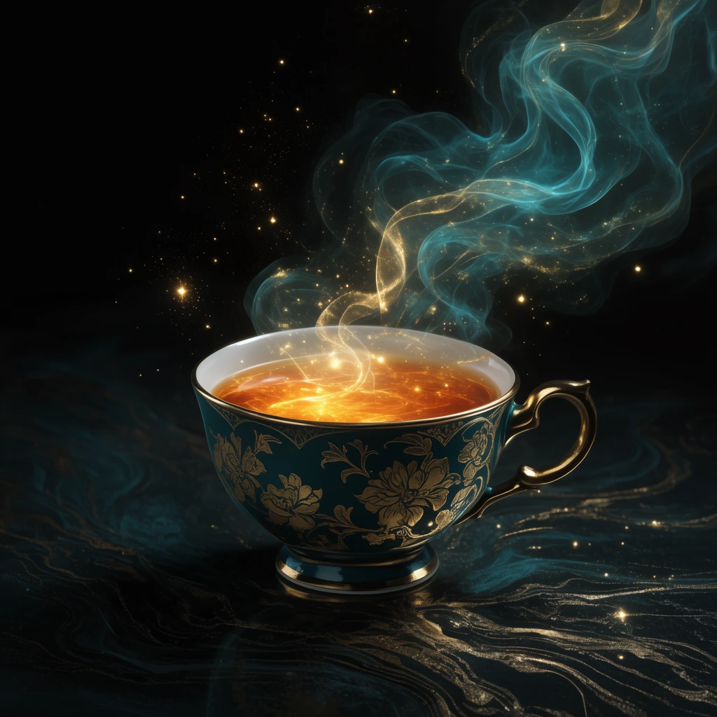 An ornate dark teal teacup with gold floral patterns holds glowing amber liquid. Ethereal teal and gold smoke swirls into a pitch-black background alongside floating golden sparkles. The dark surface features swirling metallic veins in this moody, high-contrast fantasy illustration.