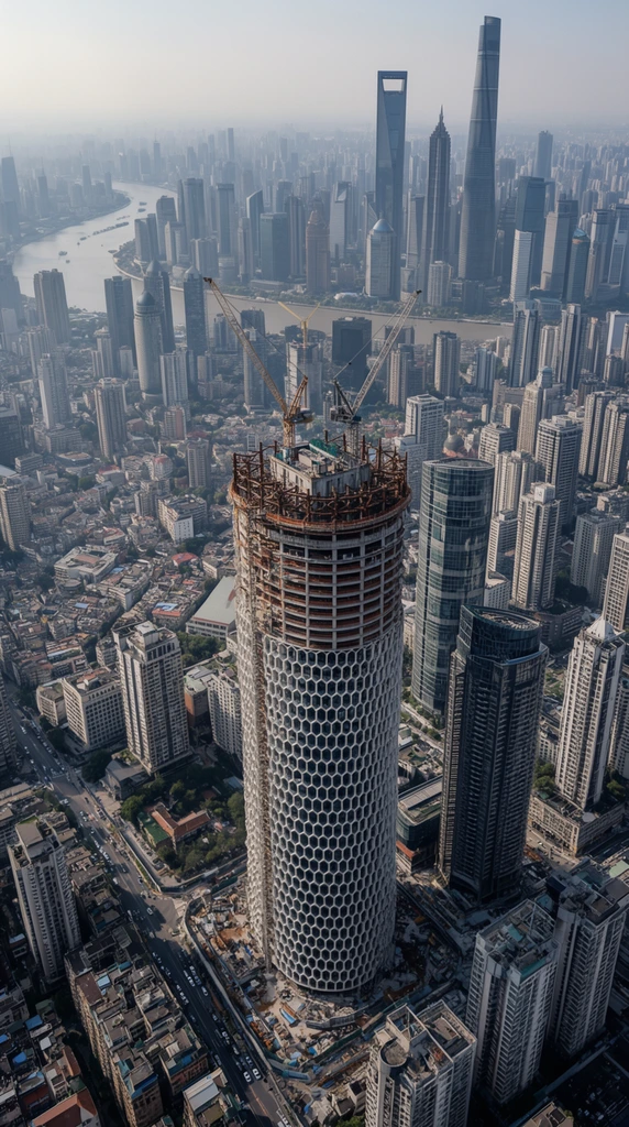 aerial view of a sprawling metropolis, towering skyscraper under construction in the foreground, cylindrical shape, intricate honeycomb-like facade, exposed concrete and steel at the top, construction cranes, surrounding dense urban landscape, mix of modern high-rises and older low-rise buildings, winding river in the distance, iconic skyline with distinct supertall skyscrapers, hazy atmosphere, soft daylight casting shadows, muted color palette with dominant grays and blues, intricate architectural details, vast scale, bustling city environment, high-angle perspective, wide shot, sharp focus on the central construction site, atmospheric perspective fading into the distance