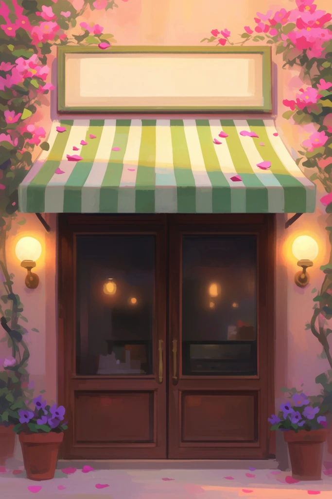 A charming cafe storefront rendered in a warm, painterly digital illustration style. Symmetrical dark brown wooden double doors with large glass panes sit beneath a green and white striped awning and a rectangular sign board. Climbing vines with bright pink flowers frame the pastel upper walls. Two glowing spherical wall sconces flank the entrance, casting golden light. Terracotta pots holding purple flowers rest on the ground. Scattered pink petals lay across the awning and pavement. The composition emphasizes a cozy, sunset-lit atmosphere with dim interior lights glowing softly through the glass.