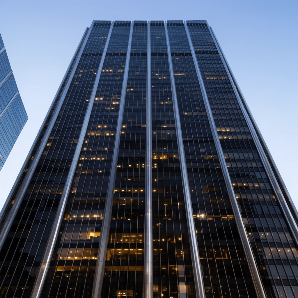 towering modernist skyscraper from a dramatic low angle, dark glass facade with a rigid grid of metallic vertical mullions, scattered warm yellow interior lights glowing across multiple floors, strong converging vertical lines, clear light blue twilight sky, edge of a glass high-rise on the far left, crisp architectural photography