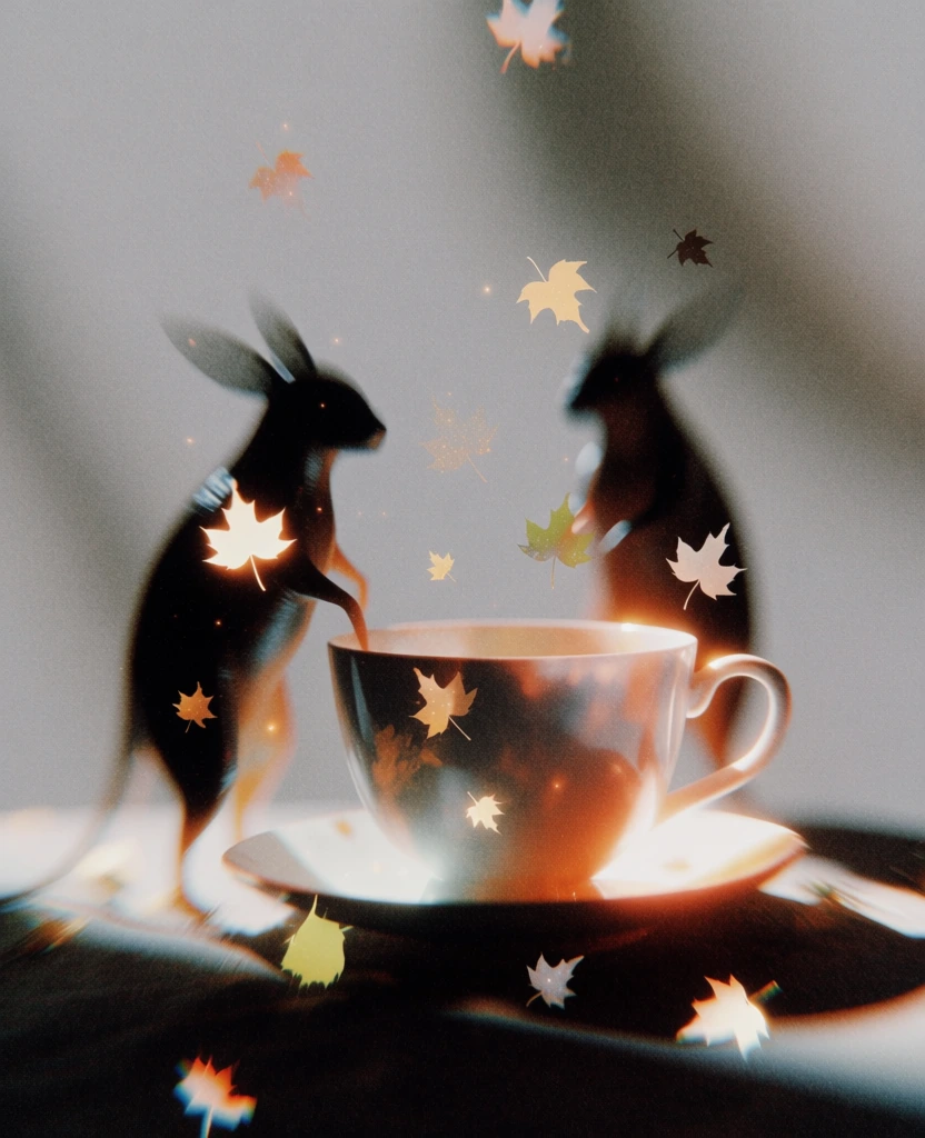 two silhouetted ethereal creatures standing beside a translucent teacup, scattered glowing leaves and celestial stars, high-contrast backlighting with vibrant amber light leaks, deep indigo shadows, heavy granulated film noise, stippled texture, soft-focus motion blur, minimalist ethereal composition, misty veils of light, desaturated gray background, ghostly chiaroscuro aesthetic, diffused dreamlike atmosphere, evocative of spectral long-exposure photography