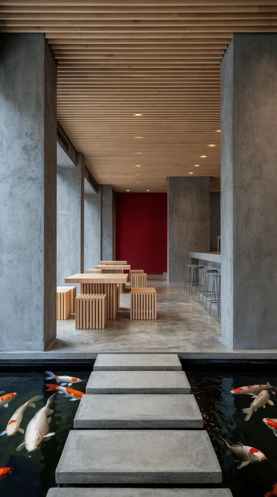 A modern architectural interior anchoring a dark indoor koi pond in the immediate foreground, where large white and orange koi fish swim alongside rectangular concrete stepping stones. The stepping stone path leads into a deep, linear room framed by thick, textured grey concrete pillars and walls. A continuous slatted light-wood ceiling stretches overhead, illuminated by warm recessed lights. The midground seating area features geometric tables and cubic stools constructed from vertical light wood slats, resting on a polished concrete floor. To the right sits a minimal bar area with tall metal stools, while the far background is defined by a striking deep red accent wall. The architectural photography employs deep depth of field and central perspective, emphasizing the juxtaposition of organic water features with stark, rectilinear brutalist and minimalist design elements.