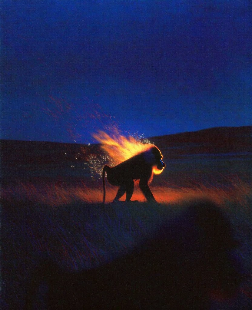 cinematic lo-fi photography, heavy 35mm film grain, deep indigo twilight sky, silhouetted mandrill in a low squatting posture in the center, vibrant trail of incandescent orange fire and sparks erupting from its silhouette like a comet, ethereal motion blur, glowing orange light spill on the ground, dark hilly horizon, high contrast, rich saturation, deep shadows, out of focus silhouette in the extreme foreground, textured dark field, moody and surreal nocturnal atmosphere