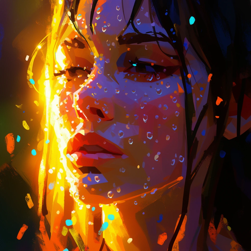 A close-up portrait of a woman's face covered in small droplets, rendered as an expressive digital painting with thick, angular brushstrokes. Intense, blinding yellow and orange backlighting creates a brilliant glowing rim light across her features and the droplets. Deep shadows are blocked out in saturated purples, blues, and blacks. Loose dabs of bright cyan and orange paint scatter across the composition. The aesthetic utilizes simplified geometric shapes, extreme warm-cool color contrast, and loose impasto-like texture to define the form.