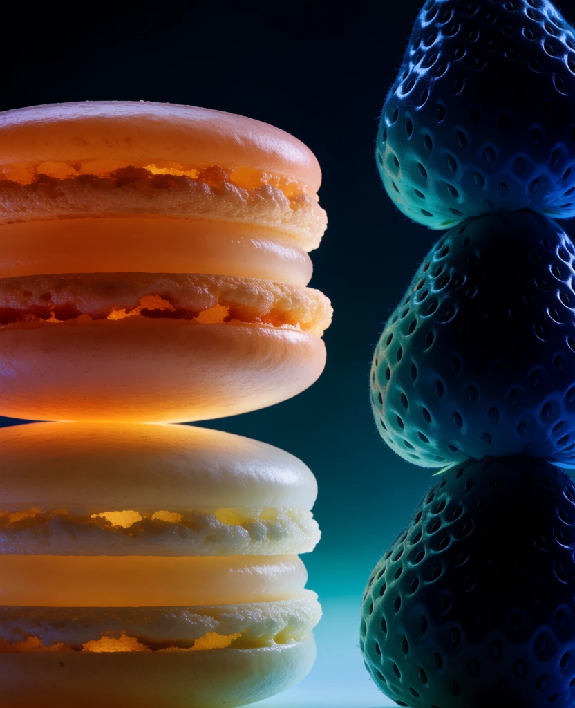 macro close-up of two stacked macarons beside a stack of strawberries, cinematic chiaroscuro with a binary amber and cyan color grade, macarons glow with internal warmth and waxy translucency, strawberries silhouetted in cool sapphire shadows, a humanoid wisp of golden fire reaching from the macarons toward the fruit, ethereal smoke tendrils against a dark violet background, floating micro-particles, dreamlike surrealism, soft focus, high-contrast conceptual render