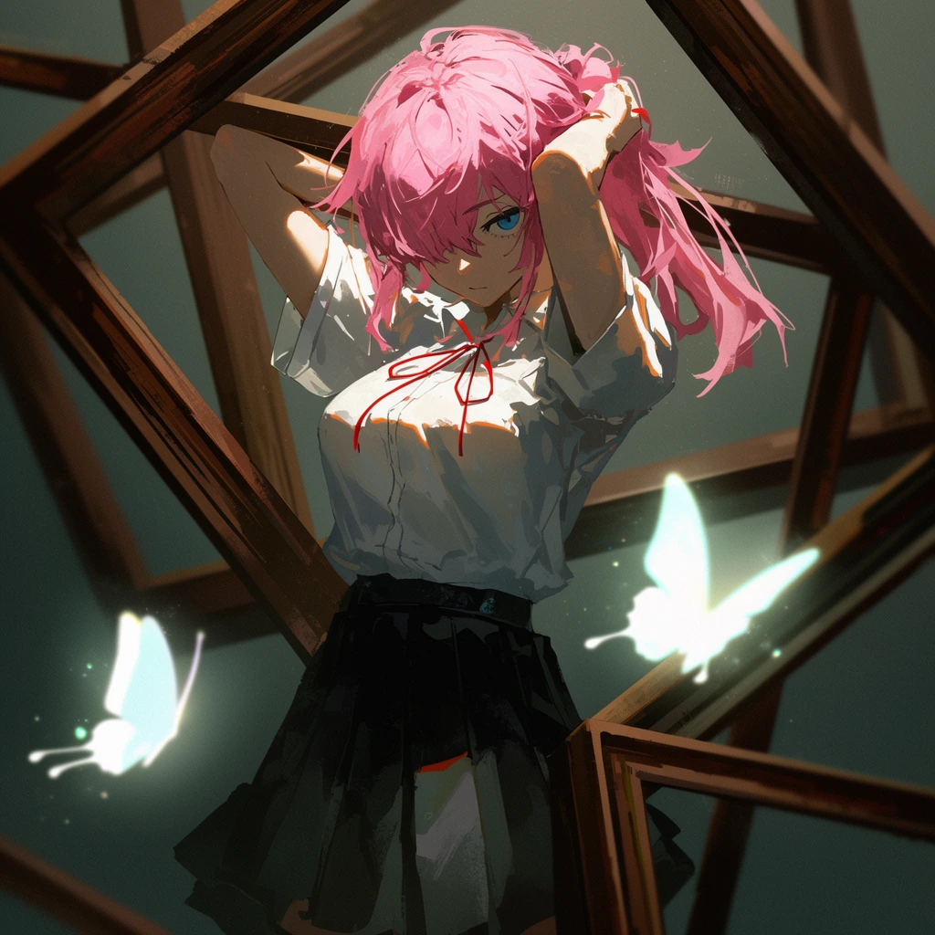 A young woman with messy pink hair adjusts her hair while framed by floating wooden borders and glowing ethereal butterflies. The anime-style figure stands with hands raised behind her head, a single blue eye peering intensely through her bangs. She wears a white short-sleeved shirt with a thin red ribbon tie and a dark pleated skirt. Several interlocking brown wooden frames are suspended at dynamic angles across a moody gray-green background. Two luminous white butterflies flutter in the foreground, casting soft light. The digital illustration employs dramatic high-contrast lighting, textured painterly brushwork, and a cinematic low-angle composition.