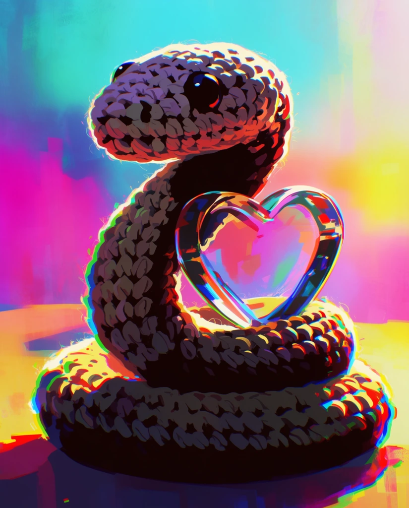 A vibrant 2D digital illustration of a crocheted snake with a coiled base and raised head, positioned with a clear heart-shaped object resting behind its neck. The snake features pronounced yarn loops rendered with flat cel-shading, stark inky black shadows, and vivid neon edge highlights. The transparent heart-shaped object sits flush against the back of the snake's upper neck, refracting intense environmental colors. The background is an abstract, luminous wash of saturated cyan, vivid magenta, and bright yellow gradients. The overall aesthetic mimics a contemporary anime or graphic novel style, dominated by a high-contrast vaporwave color palette. Extreme chromatic aberration creates aggressive red, blue, and green color-shifting along every silhouette edge, generating a digital glitch effect. Expressive, blocky digital brushstrokes define the lighting and forms, combining flat, graphic illustration techniques with glowing, overexposed neon lighting.
