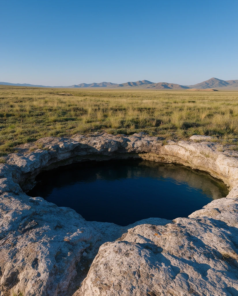A deep, circular pool of dark blue water sits within a rocky crater in the foreground, surrounded by a flat, grassy plain stretching towards distant mountains under a clear, bright blue sky. The crater edges are light-colored, textured stone, with shadows emphasizing their depth. The surrounding landscape features dry, yellow-green grasses and scrub, typical of a steppe or high desert environment. The lighting suggests early morning or late afternoon, casting long shadows and highlighting the texture of the rocks and grass. The composition is a wide shot, capturing the vastness of the plains contrasting with the focused detail of the pool. The scene conveys a sense of stillness and remote natural beauty.