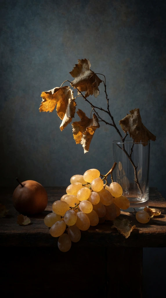 A dramatic chiaroscuro still life resting on a weathered dark wooden surface against a mottled slate-blue background. A clear cylindrical glass on the right holds a brittle branch clustered with dry, curled, golden-brown leaves. Beside the glass, a heavy bunch of plump, translucent yellow grapes catches a strong, warm directional light from the upper left, causing the fruit to glow. To the far left sits a single round, russet pear. A few loose grapes and leaf fragments scatter across the deep shadows of the foreground. The theatrical lighting creates high contrast, emphasizing the varied textures of the smooth glass, the taut skins of the organic fruit, and the painterly background while plunging the edges into deep, moody shadow.