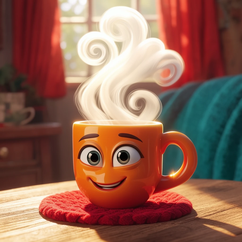 An animated orange coffee mug with a smiling face and expressive eyes sits on a wooden table atop a red textured coaster. Thick, stylized white steam rises in elaborate, curling swirls. Bright sunlight from a background window illuminates the steam. The blurred background reveals a cozy room with red curtains and teal fabric. Rendered in a vibrant 3D illustrative style with strong rim lighting.