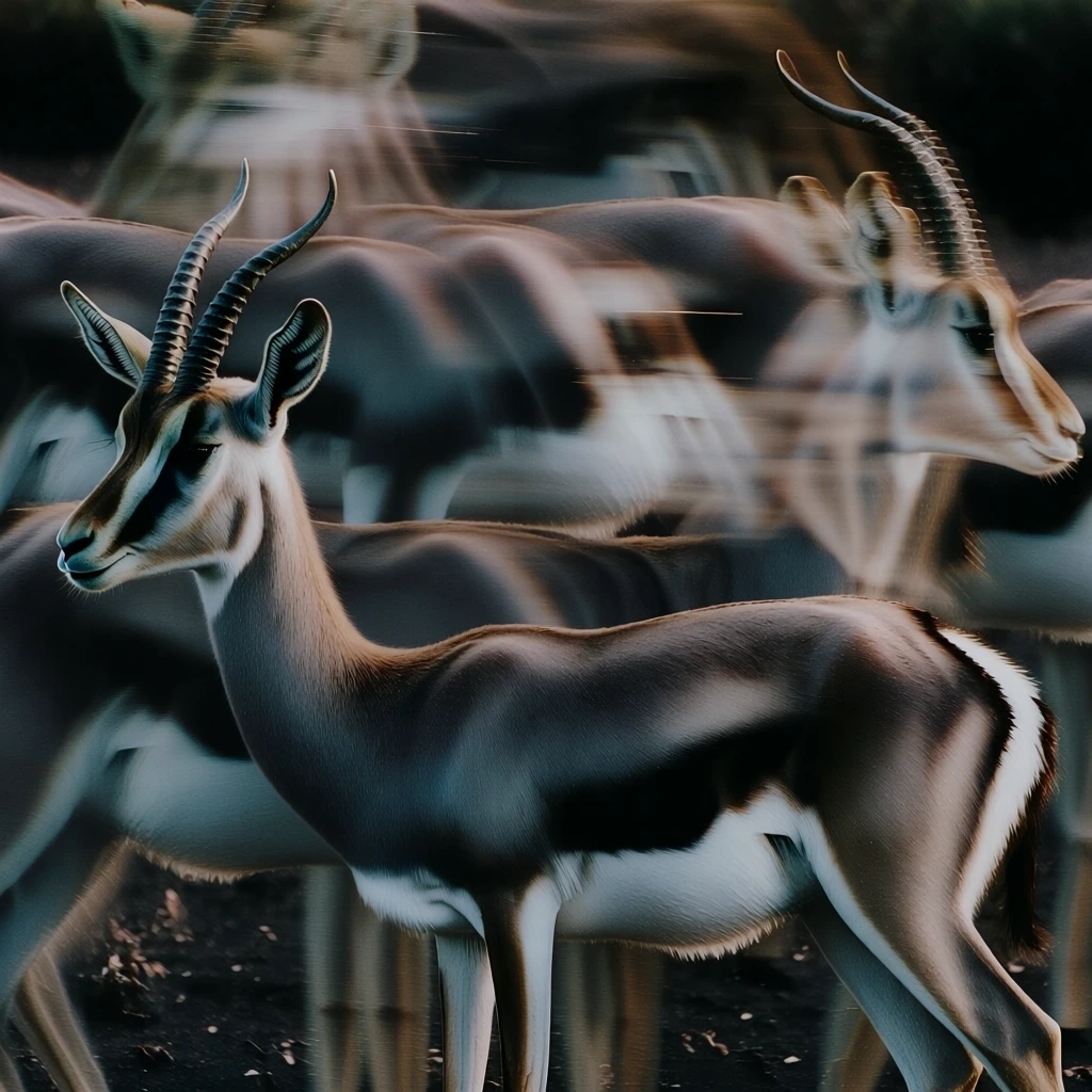 a solitary gazelle in sharp profile with crisp anatomical detail, juxtaposed against a second gazelle silhouette heavily distorted by aggressive horizontal motion smears and ethereal ghosting, moody desaturated color palette of muted earth tones and charcoal, cinematic directional lighting, long exposure aesthetic, high contrast between the singular still subject and the kinetic background, minimalist composition, grain-textured editorial style, sophisticated visual tension.