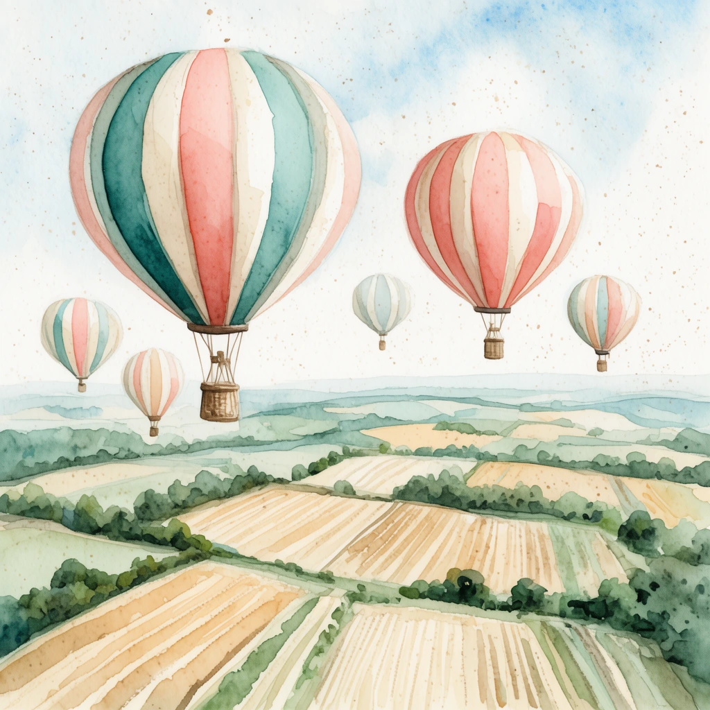A watercolor painting of striped hot air balloons floating in a soft blue sky above a patchwork landscape. The balloons feature vertical bands of muted teal, salmon pink, and cream, each suspending a small basket. Below, a tapestry of rolling agricultural fields in tan and pale green is interspersed with dark green trees. Delicate washes of color and a speckled paper texture define the composition.