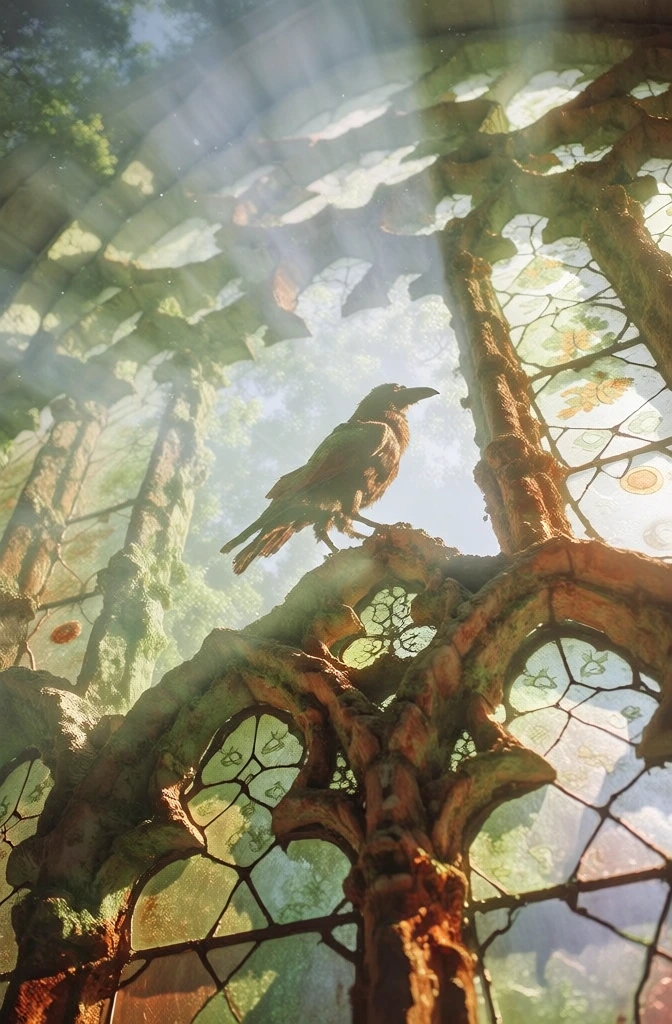 extreme low-angle perspective, silhouette of a solitary crow perched on the leading of an ancient arched stained glass window, high-key ethereal lighting with heavy diffused bloom, atmospheric haze and light-scattering, muted painterly palette of soft teals and aged ochres, gnarled stone textures, dreamlike luminosity, intricate organic patterns within the glass, soft-focus periphery, serene mystical atmosphere, delicate film grain, airy and transcendent aesthetic.