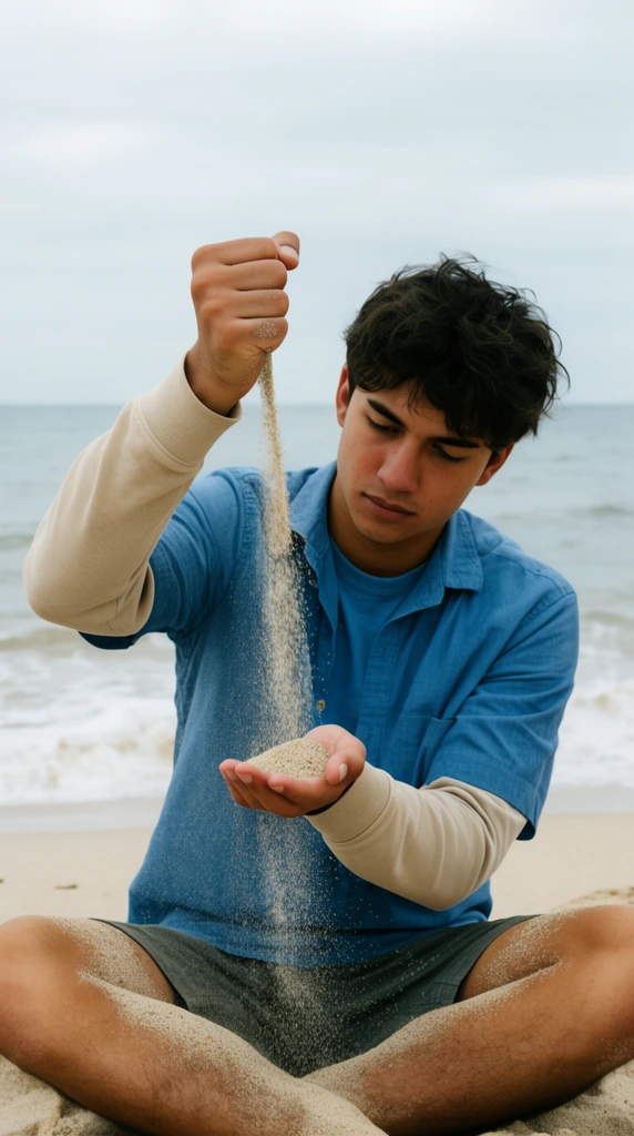 young man sitting on a sandy beach, pouring sand from a raised fist into an open palm, blue shirt over beige long-sleeve, ocean background, overcast sky, diffused light