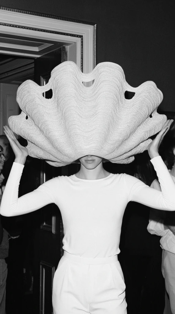 A black and white photograph captures a person standing indoors, wearing a massive, oversized, light-colored hat shaped like a clam shell. The hat, with a textured, ribbed surface and undulating edges, completely obscures the person's head down to their nose, with cutout shapes resembling eye holes along the upper edge. The person, dressed in a long-sleeved, fitted white top and white trousers, raises both hands, palms facing outward, to support the sides of the massive hat. The background features a partially visible doorway with dark trim, dark walls, and glimpses of other people in the shadows, creating a stark contrast with the brightly lit central figure. The composition centers on the surreal hat and the striking silhouette of the person wearing it.