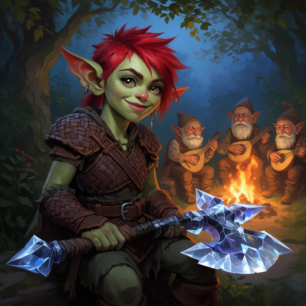 A pale green-skinned young goblin with spiky red hair smiles while resting an oversized crystalline battleaxe across her lap. She wears woven leather armor in a dusky forest clearing. Behind her, three elderly, bearded gnomes gather around a warm campfire, playing lutes. The digital fantasy illustration features dramatic lighting, contrasting the glowing orange fire against the cool blue twilight forest under a leafy canopy.