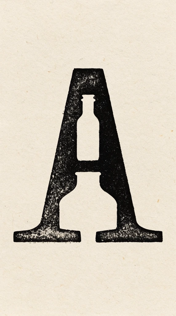 A bold, symmetrical black geometric structure stamped on textured, off-white paper. The distressed, speckled silhouette features two thick, diagonally converging pillars meeting at a flat apex, connected by a central horizontal crossbar. The outer bases flare into flat, sturdy horizontal slabs. The interior negative space creates distinct shapes: an upper vertical cutout resembling a slender bottle, and a lower cutout forming a wide, flat-topped pedestal. The artwork displays a rough, porous ink texture characteristic of a vintage block print, set against a warm, subtly fibrous cream background with tiny organic flecks.