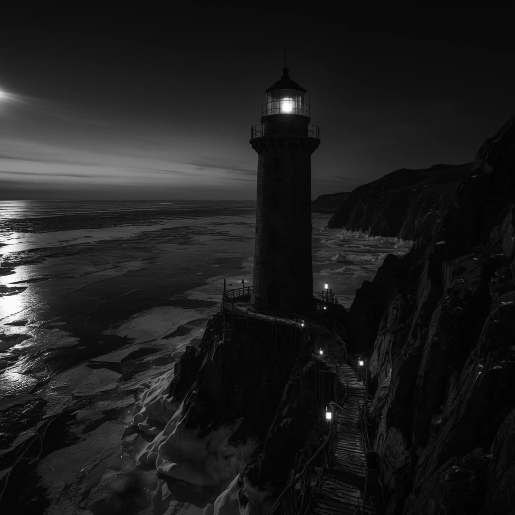 A monolithic, cylindrical stone lighthouse positioned asymmetrically on a jagged coastline overlooking a frozen sea at dusk. The towering structure is flanked by sharp cliffs plunging into the ice. A single bright beacon shines from the top glass enclosure, casting harsh reflections across the frozen surface. Sparse, dim lanterns dot a precarious wooden walkway winding down the cliff face. Captured in high-contrast black-and-white photography, the image emphasizes deep, inky shadows, rugged textures, and a sweeping wide-angle perspective against a vast, dark sky.