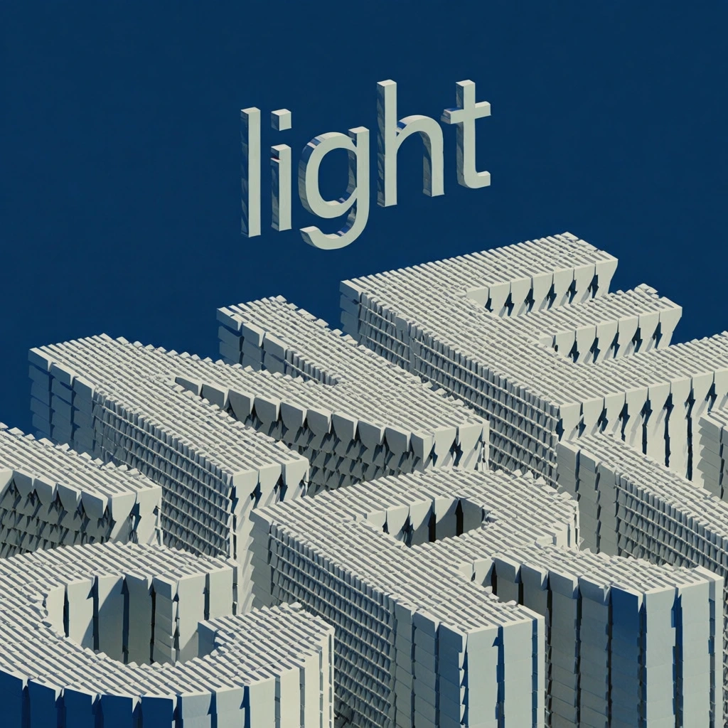 ultra-dense composition, minimalist graphic aesthetic, solid deep cobalt blue background, stark white architectural elements, word light in clean sans-serif floating at top, positioned above massive fragmented blocky letterforms, letters composed of thousands of repetitive rectangular sub-elements, rhythmic patterns, high-contrast directional studio lighting, sharp shadows, flattened isometric perspective, systematic structural feel, crisp edges, smooth matte finish, modern industrial art direct