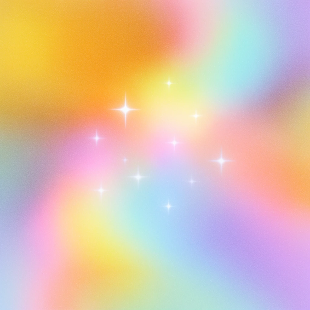 A soft, abstract gradient field blending ethereal hues of golden yellow, warm orange, pastel pink, light aqua blue, and soft violet. The composition features a heavy, uniform film grain texture creating a hazy, dreamlike atmosphere. Scattered centrally are several crisp, glowing white four-pointed star sparkles that contrast with the blurred, luminous background transitions. The lighting appears diffused and luminescent, evoking an aura-like, iridescent quality.