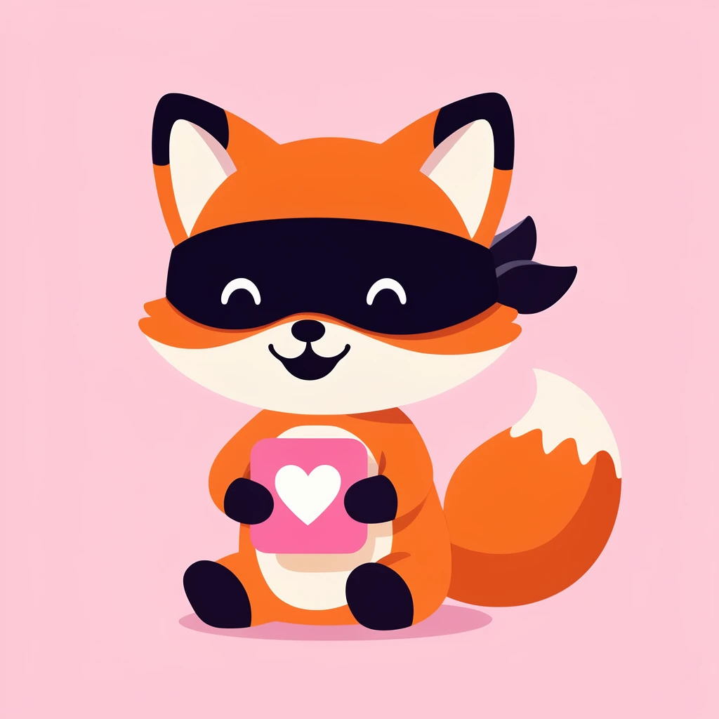 cute chibi orange fox with a dark bandit mask, sitting, holding a pink square with a white heart, smiling face, bushy tail, flat vector illustration