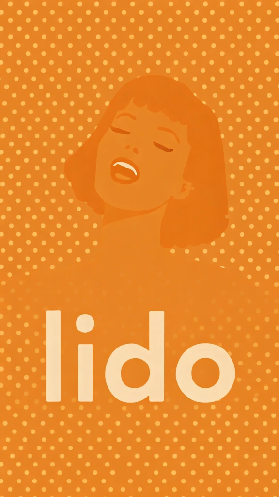 flat vector graphic, stylized silhouette of a singing woman with a tilted head and open mouth, positioned directly above the lowercase sans-serif word "lido", rendered in a uniform off-white cream, set against a vibrant tangerine orange backdrop featuring a small-scale staggered polka dot pattern, minimalist swiss style poster aesthetic, high-contrast two-tone color story, crisp edges, matte flat-color finish, retro-modern branding aesthetic.